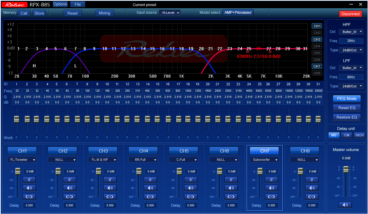 Giao diện phần mềm căn chỉnh âm thanh của DSP Rebec B8S
